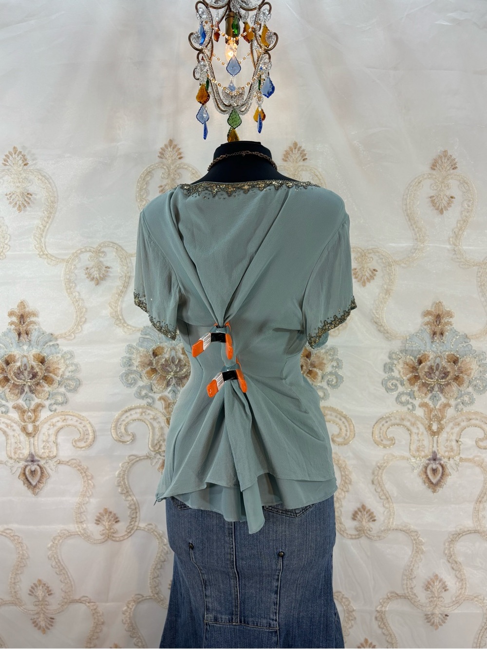✨Vintage Y2K Bohemian Silk Seafoam Beaded Fairy Blouse✨ - Picture 4 of 7